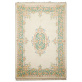 6x9 Ivory, Aqua, Peach Color Hand Knotted Aubusson Savonnerie Wool Traditional Oriental Rug
